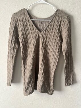 Tees by Tina Lattice V Neck Top One Size Taupe Long Sleeve Stretch Made USA